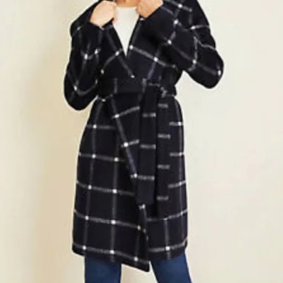 Ann Taylor Navy Windowpane Plaid Shawl Collar Wrap Coat Size 8 - Picture 1 of 2